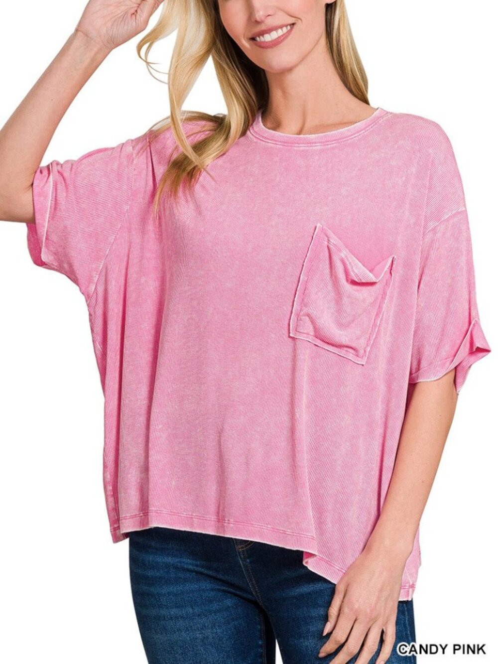 Zenana Washed Ribbed Cuffed Short Sleeve Round Neck Top, Candy Pink